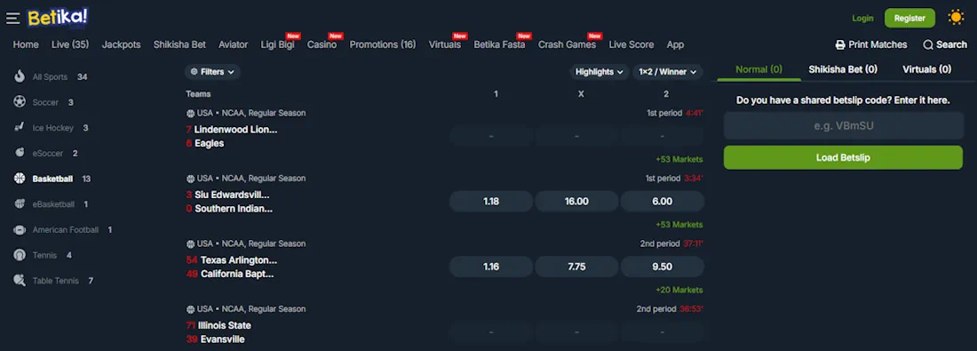 Betika Basketball Betting Screenshot